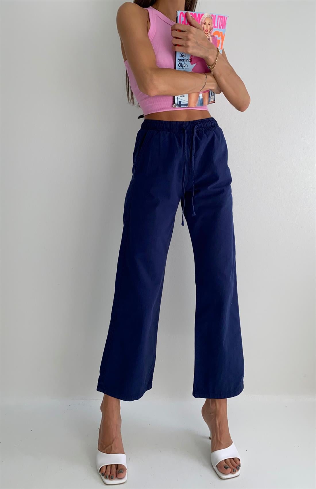 Beli Lastikli Bol Paça Keten Pantolon LACİVERT