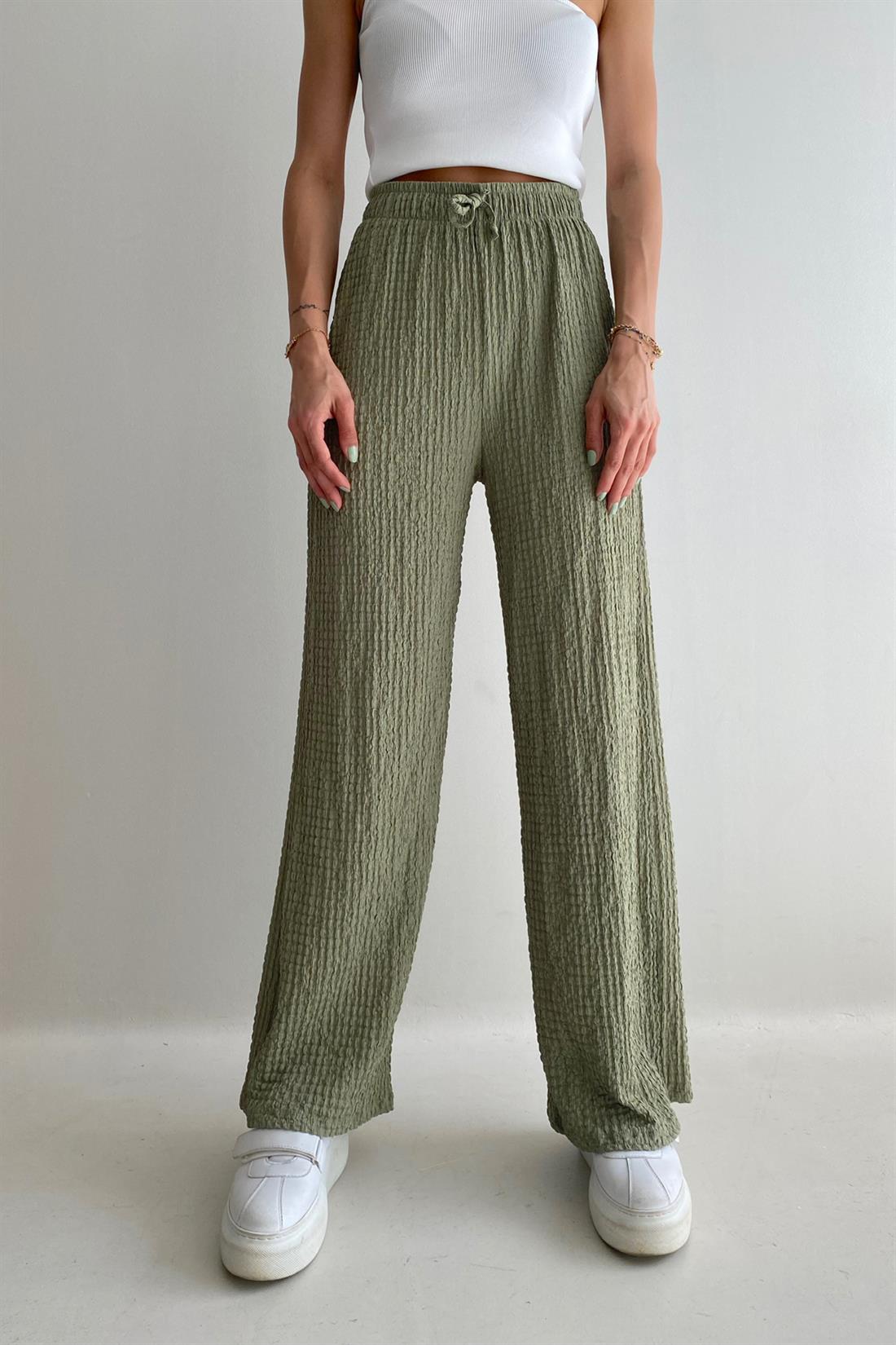 Beli Lastikli Bol Paça Pantolon HAKİ