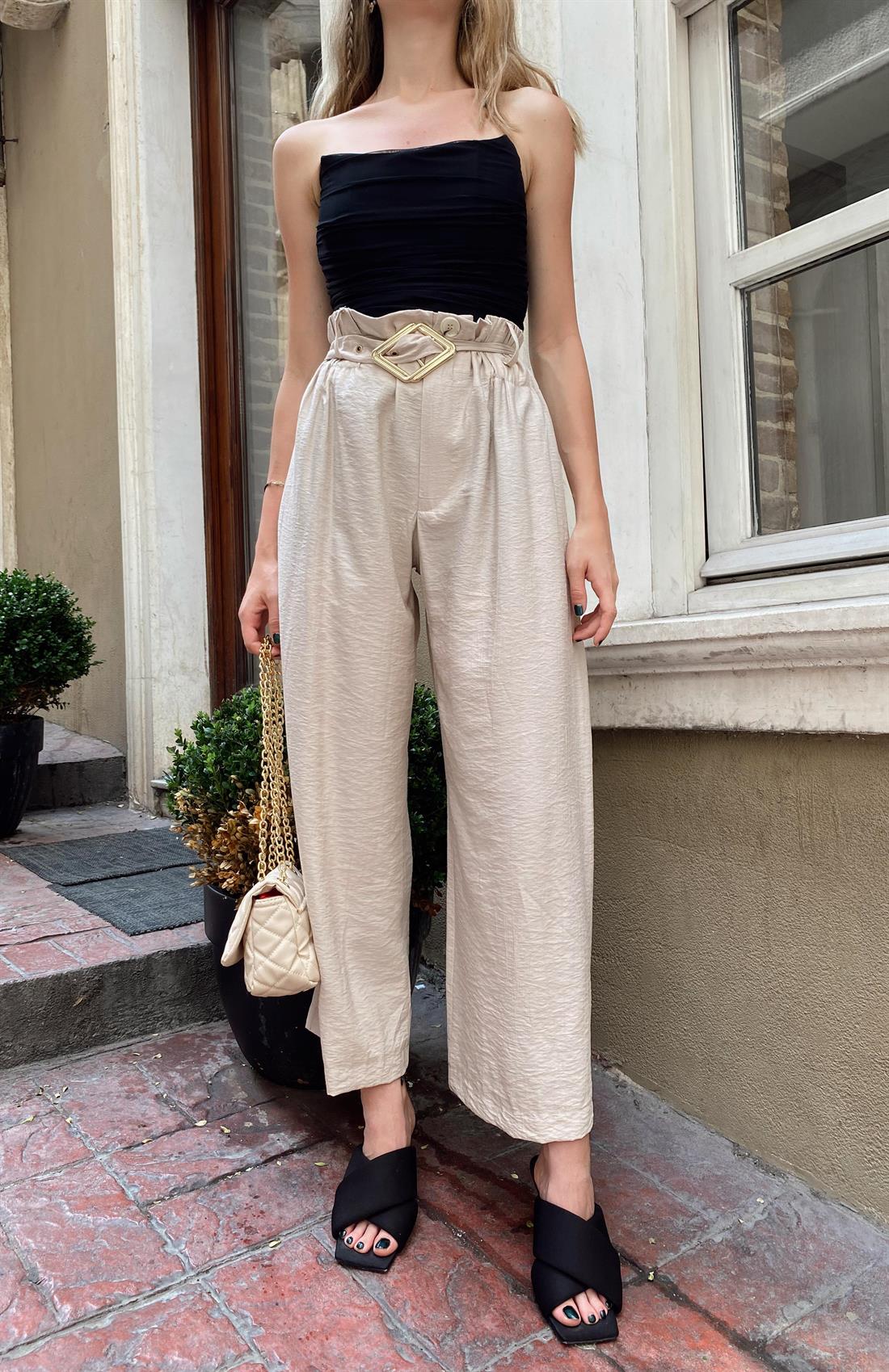 Beli Lastikli Kemerli Pantolon BEJ