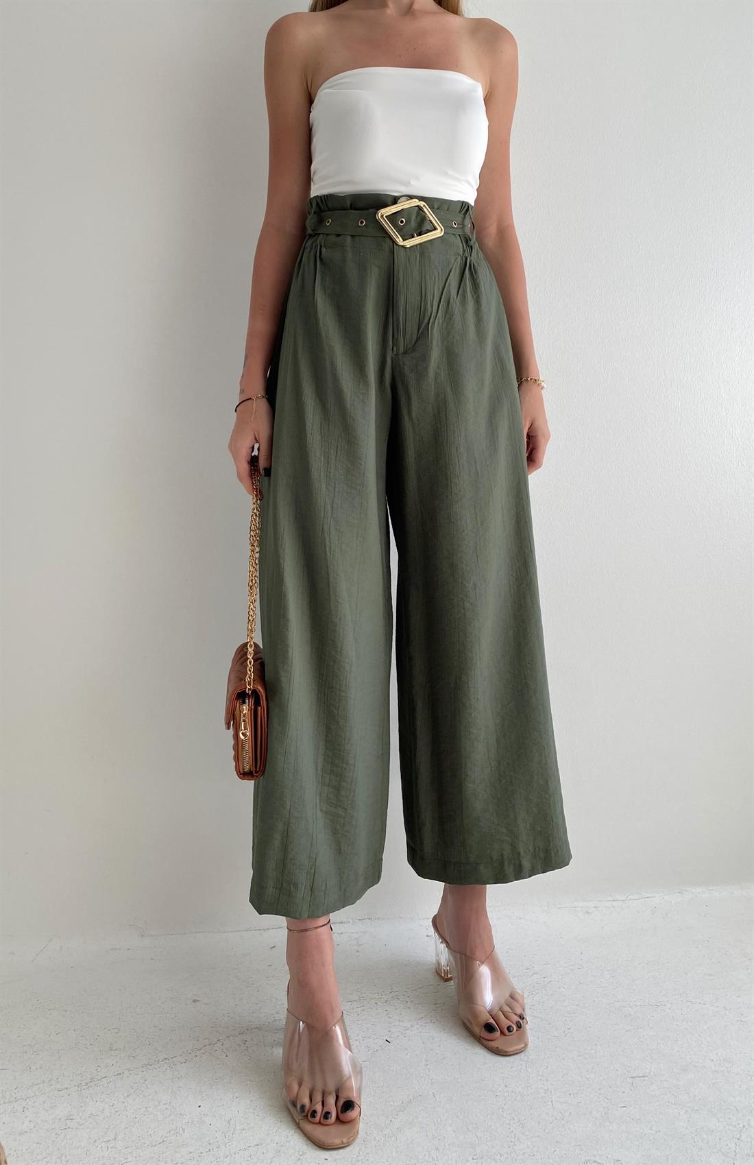 Beli Lastikli Kemerli Pantolon HAKİ