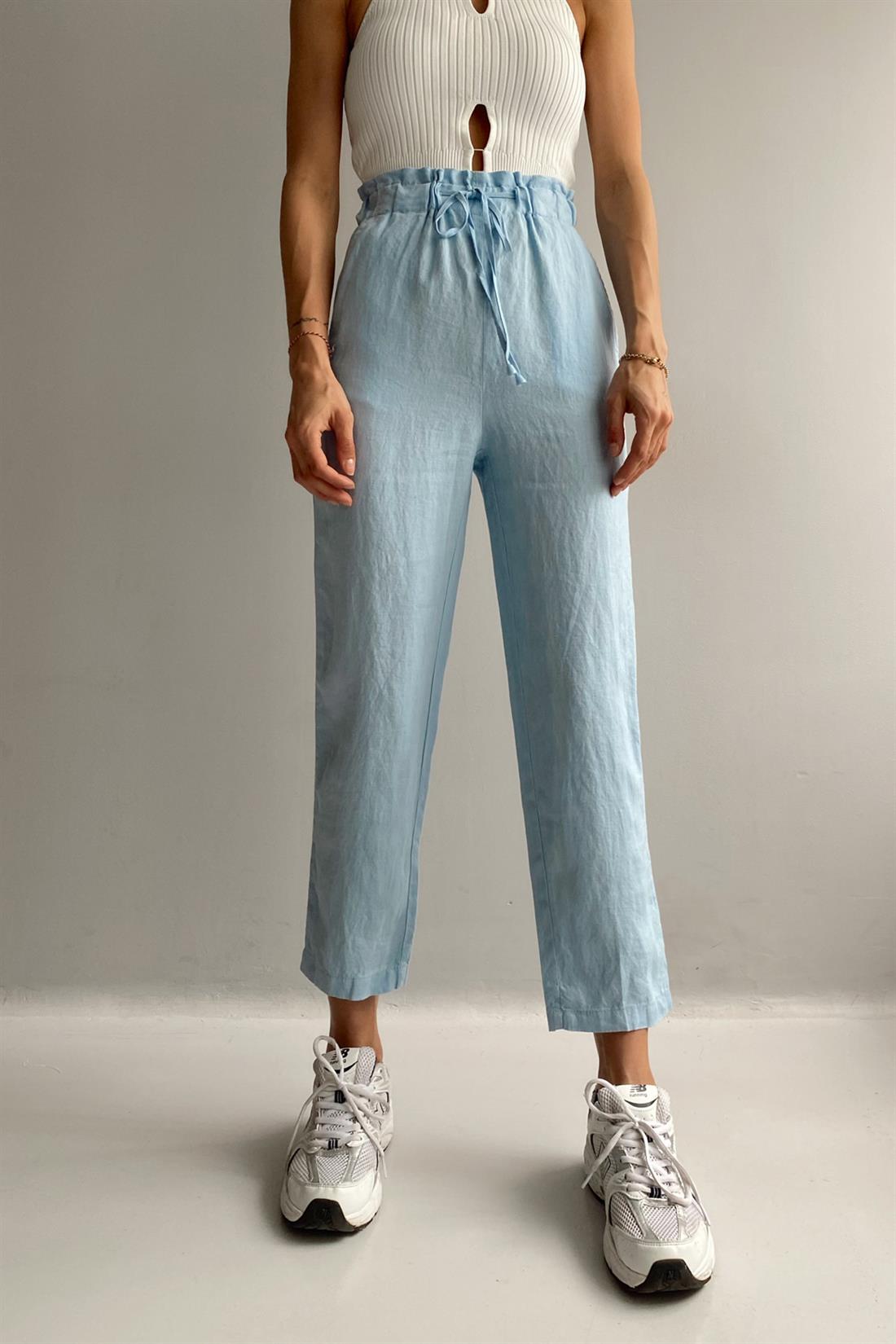 Beli Lastikli Keten Pantolon MAVİ