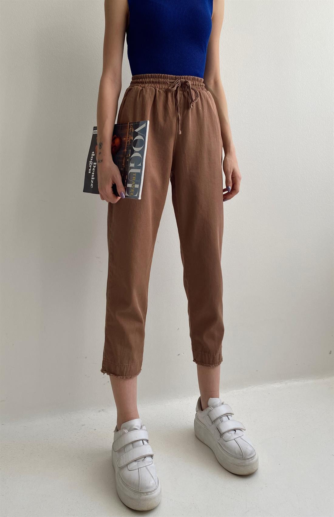Beli  Lastikli Paçasi Püsküllü Pantolon CAMEL