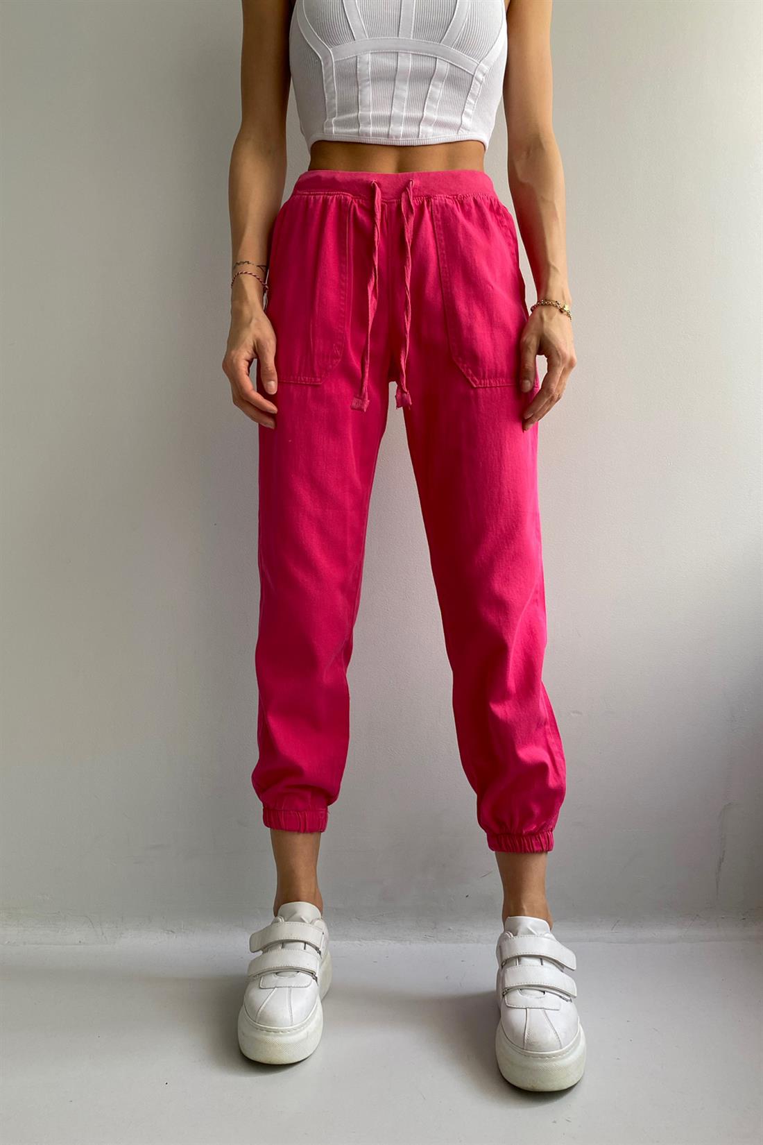 Beli Paçası Lastikli Gabardin Pantolon FUŞYA