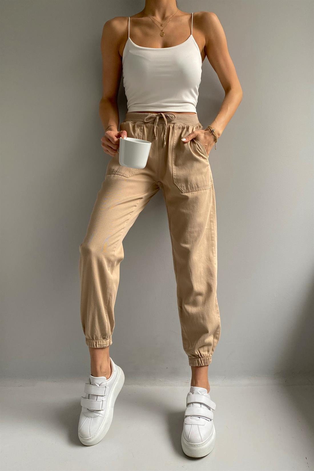 Beli Paçası Lastikli Gabardin Pantolon TAŞ