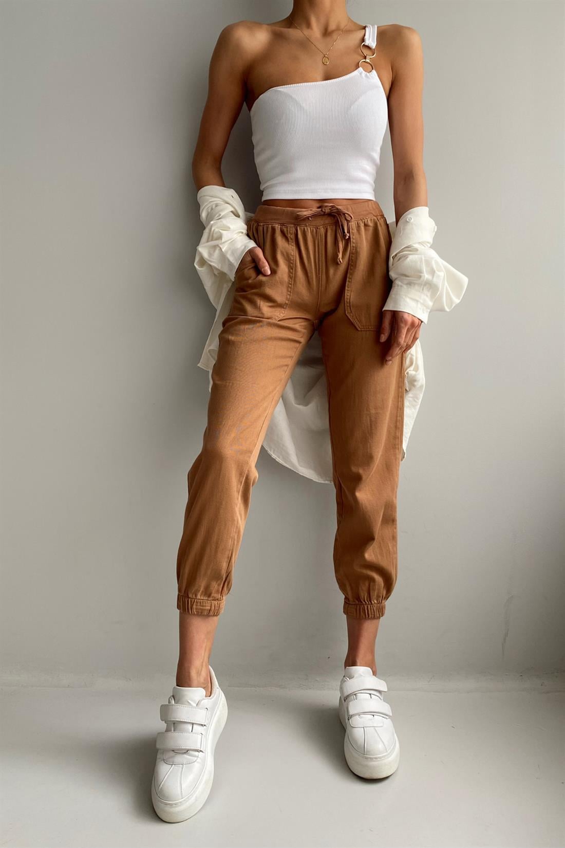 Beli Paçası Lastikli Gabardin Pantolon VİZON