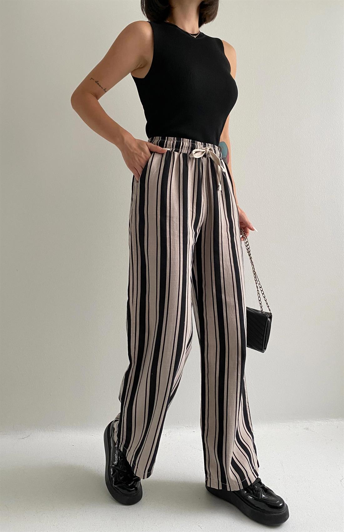 Çizgili Keten Pantolon CAMEL