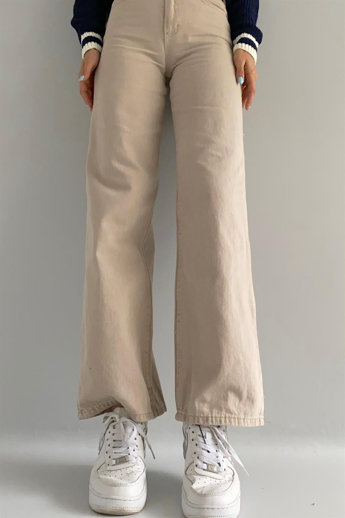 Dökümlü Mom Jeans BEJ