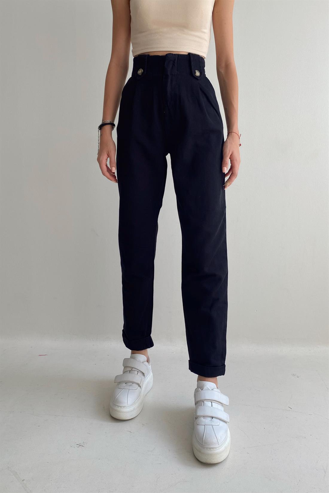 Düğme  Detaylı Pantalon SİYAH