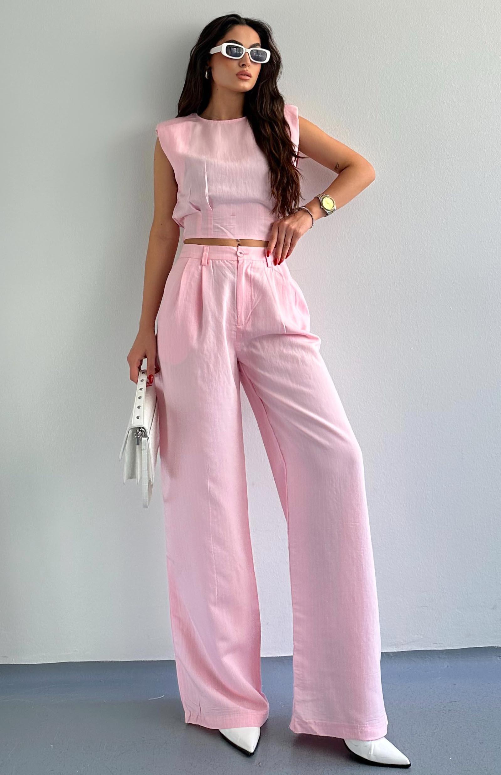 Geniş Paça Çizgili Pantolon PEMBE