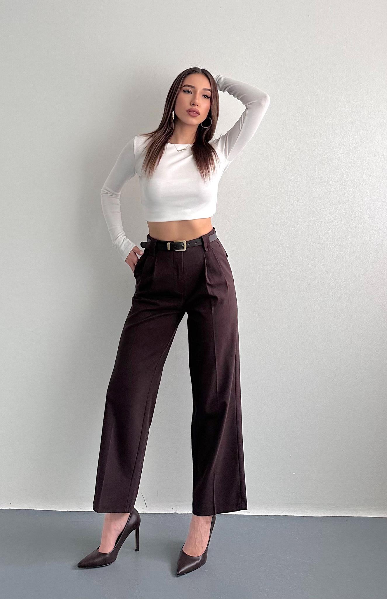 Kemerli Cep Kapaklı Yüksek Bel Pantolon KAHVERENGİ