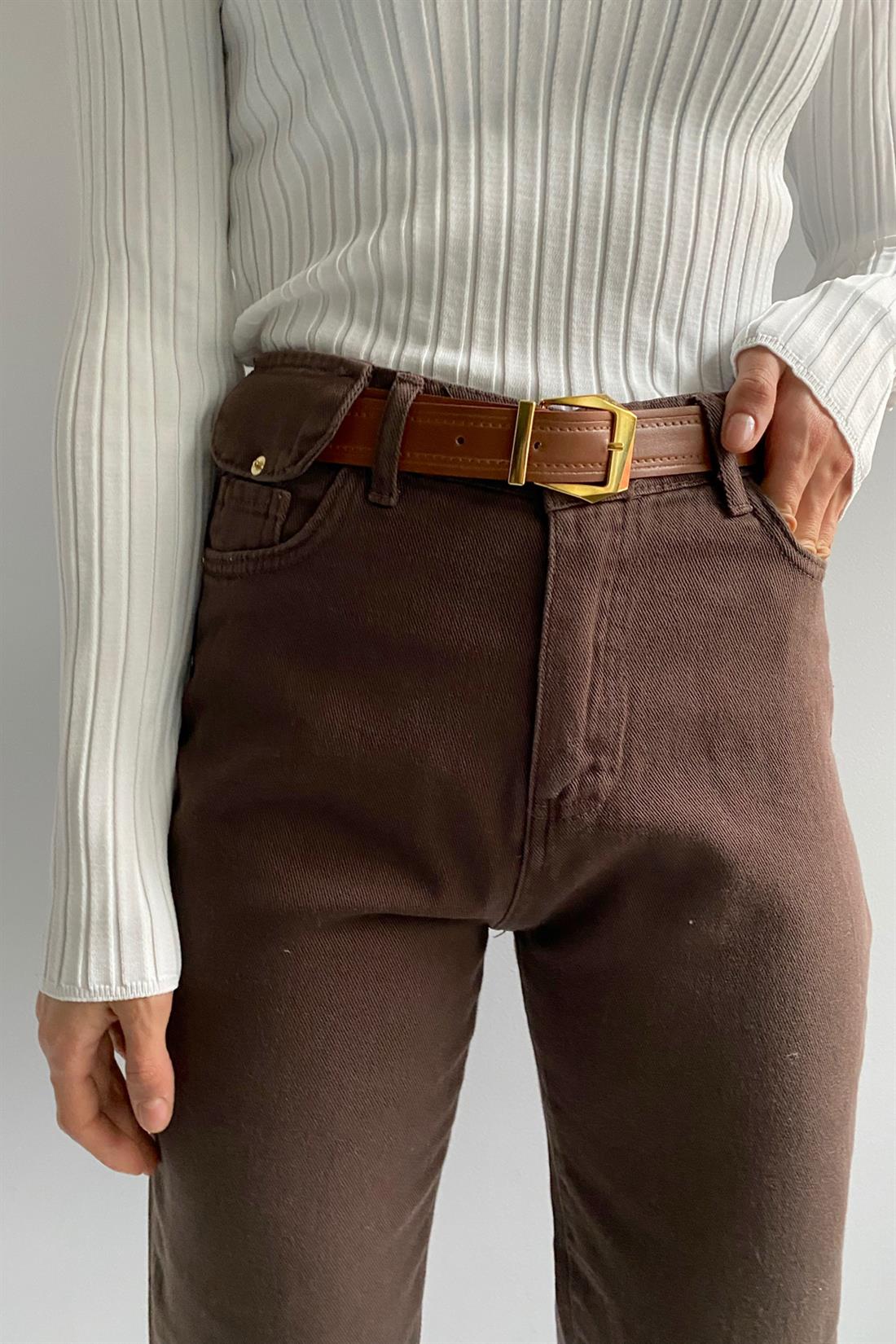 Kemerli Dar Paça Pantolon KOYU KAHVE