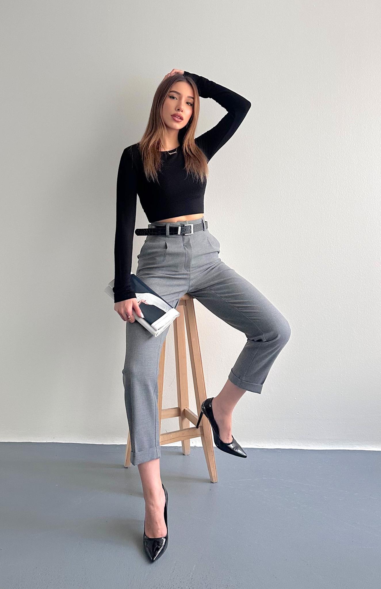 Kıvrık Paça Kemerli Pantolon GRİ