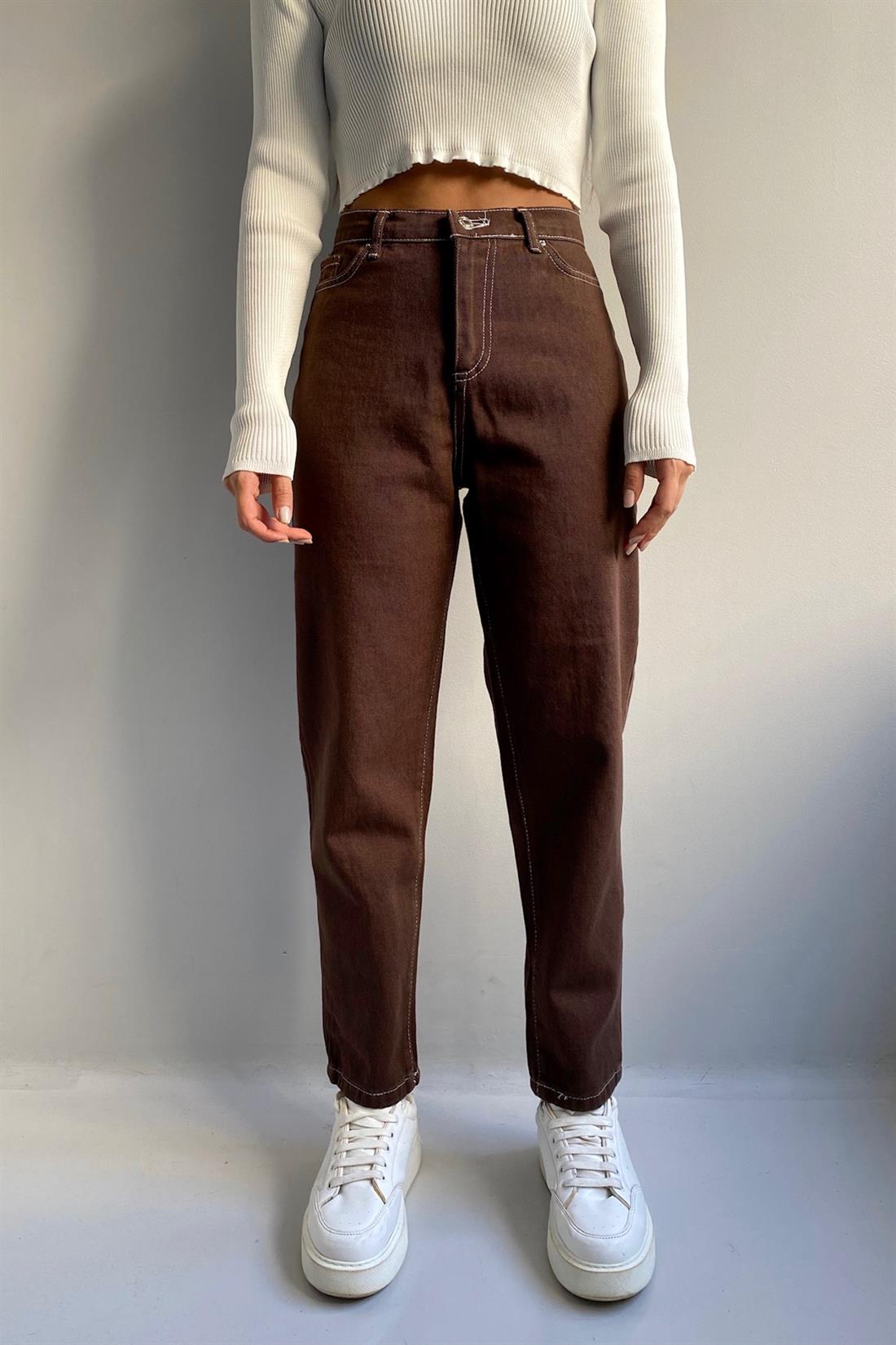 Kontrast Dikişli Mom Jeans A.KAHVE