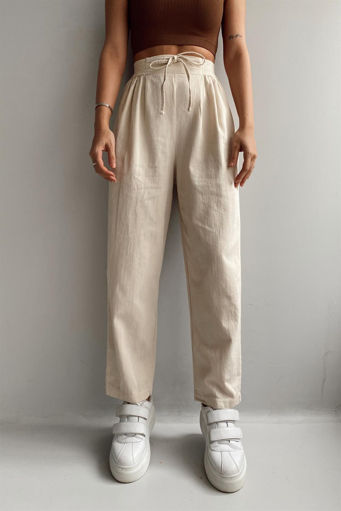 Lastikli Pilili Pantolon NATURAL