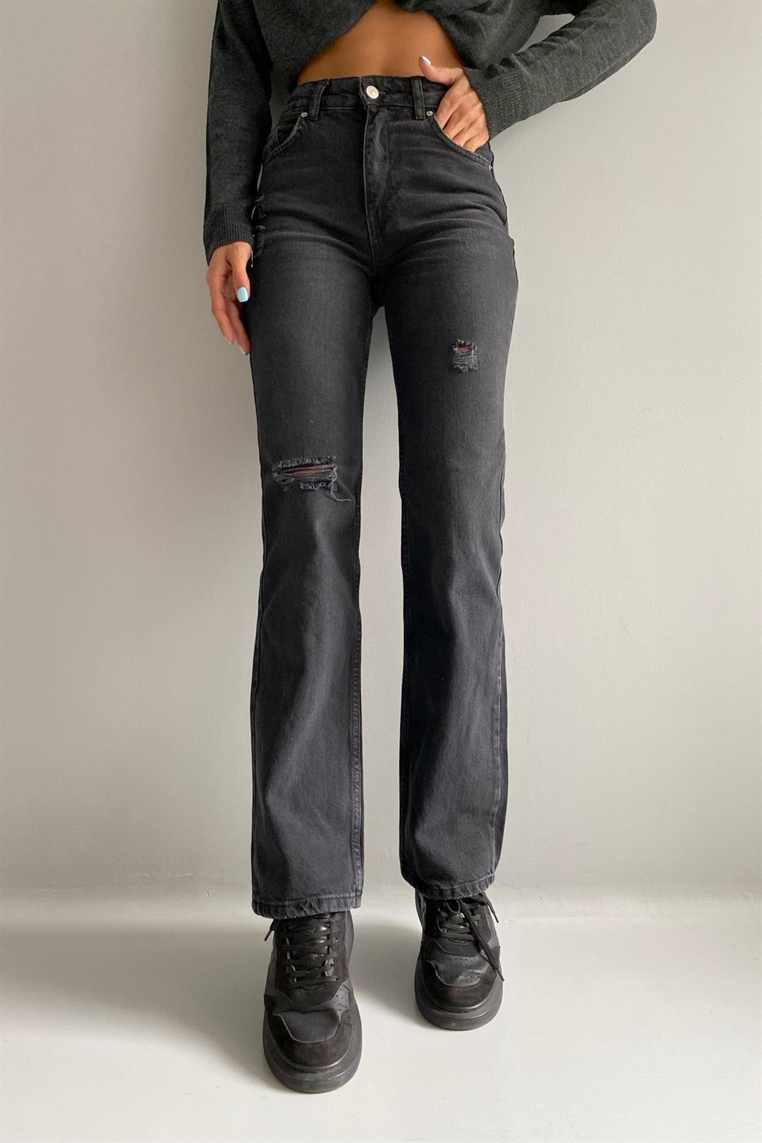 Lazerli İspanyol Paça Pantolon SİYAH