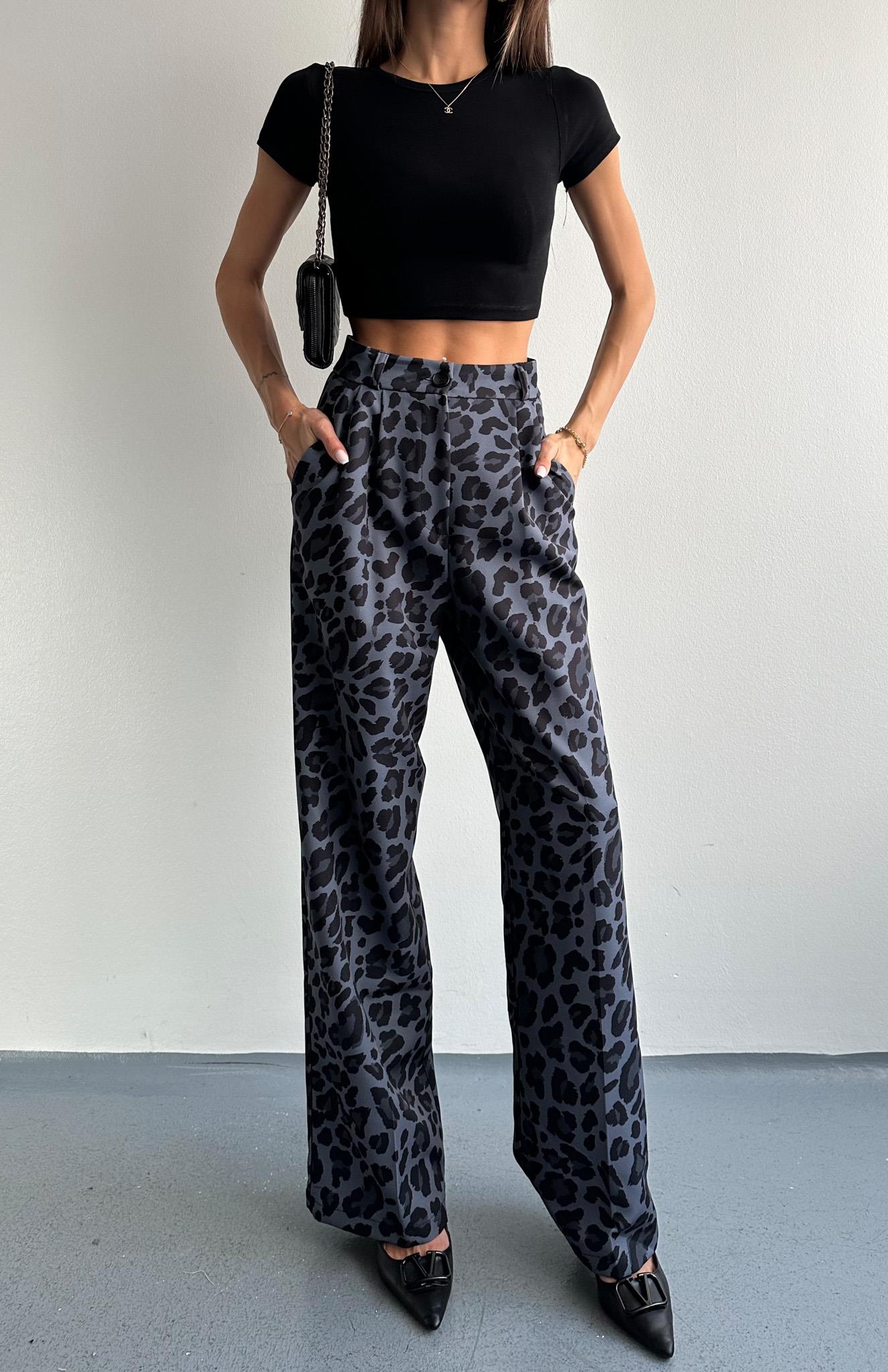 Leopar Desen Plazzo Pantolon SİYAH