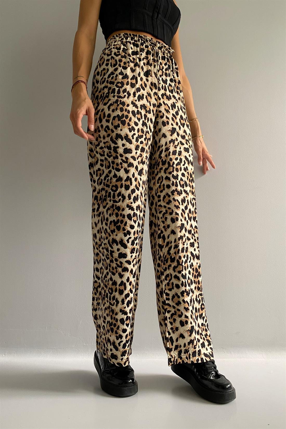 Leopar Desen Saten Pantolon BEJ
