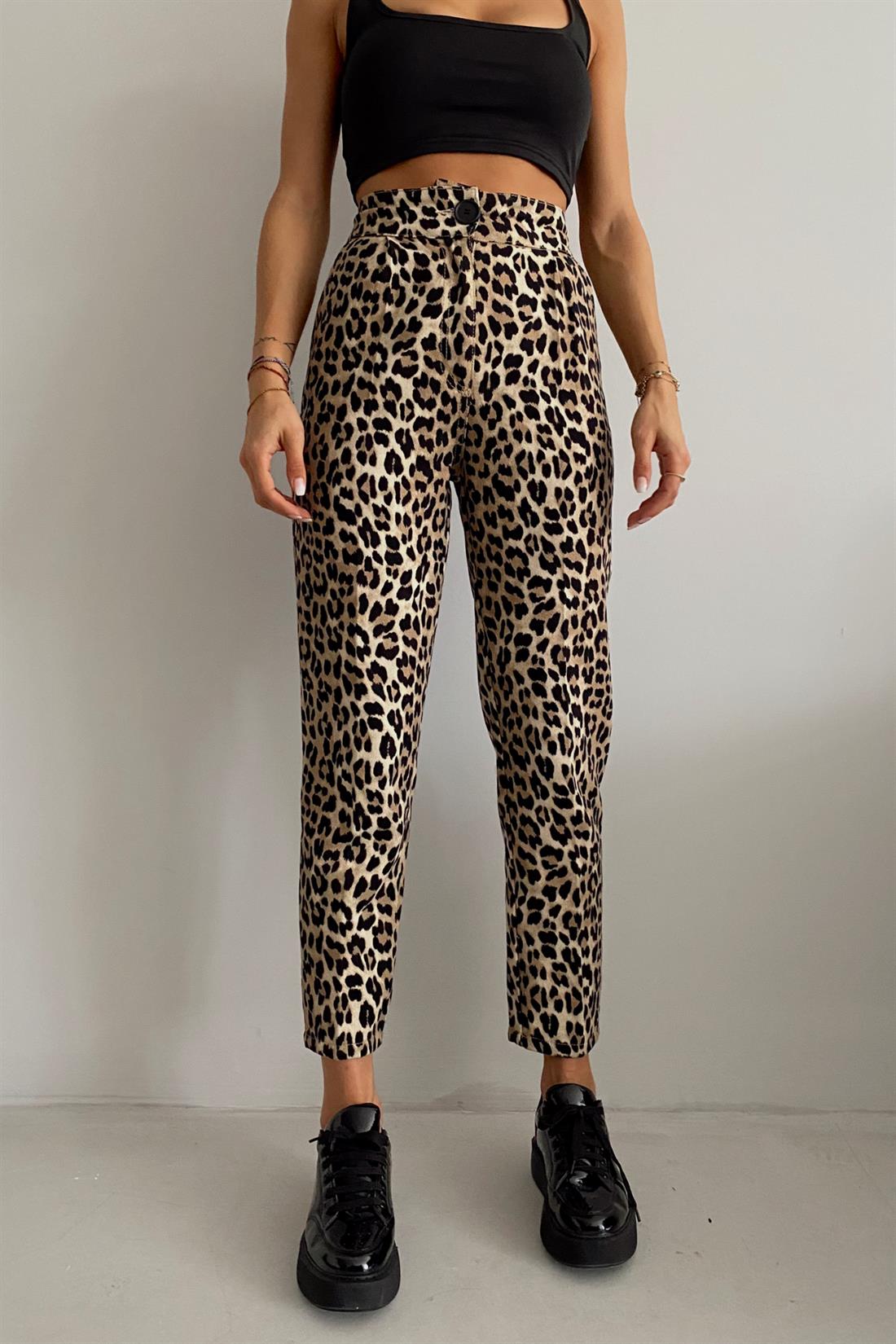 Leopar Desenli Gabardin Pantolon BEJ