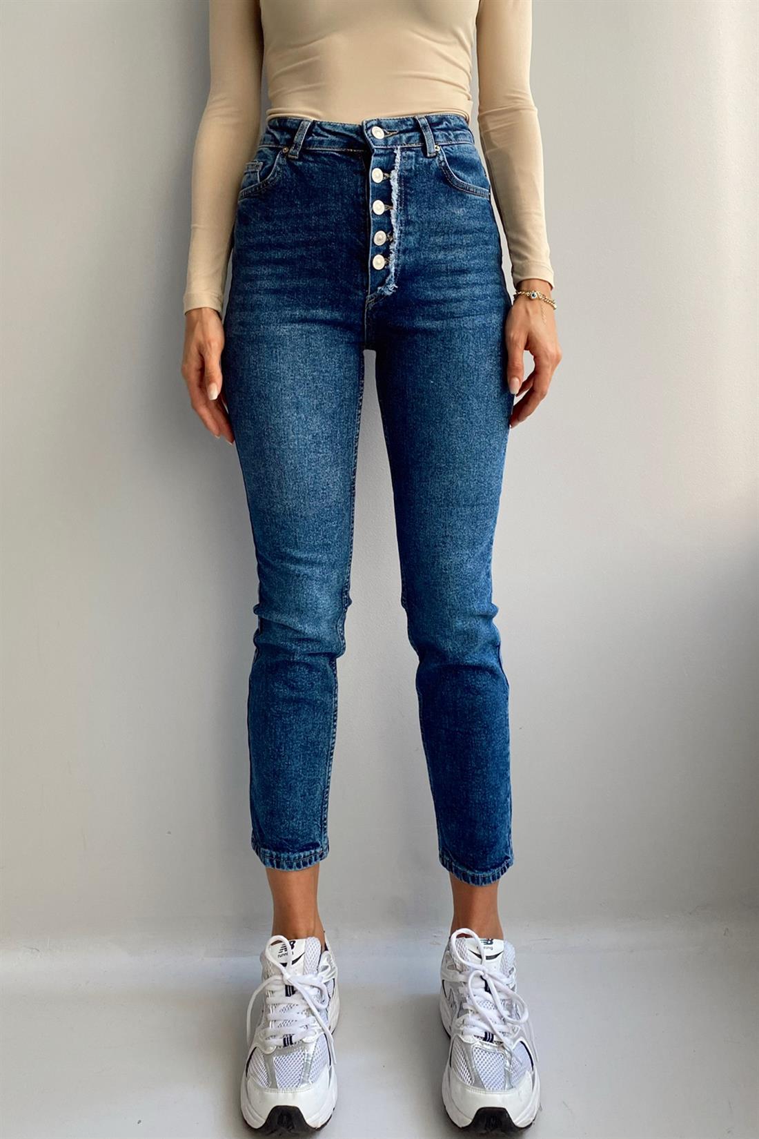 Önü Düğmeli Likrali Mom Jeans MAVİ
