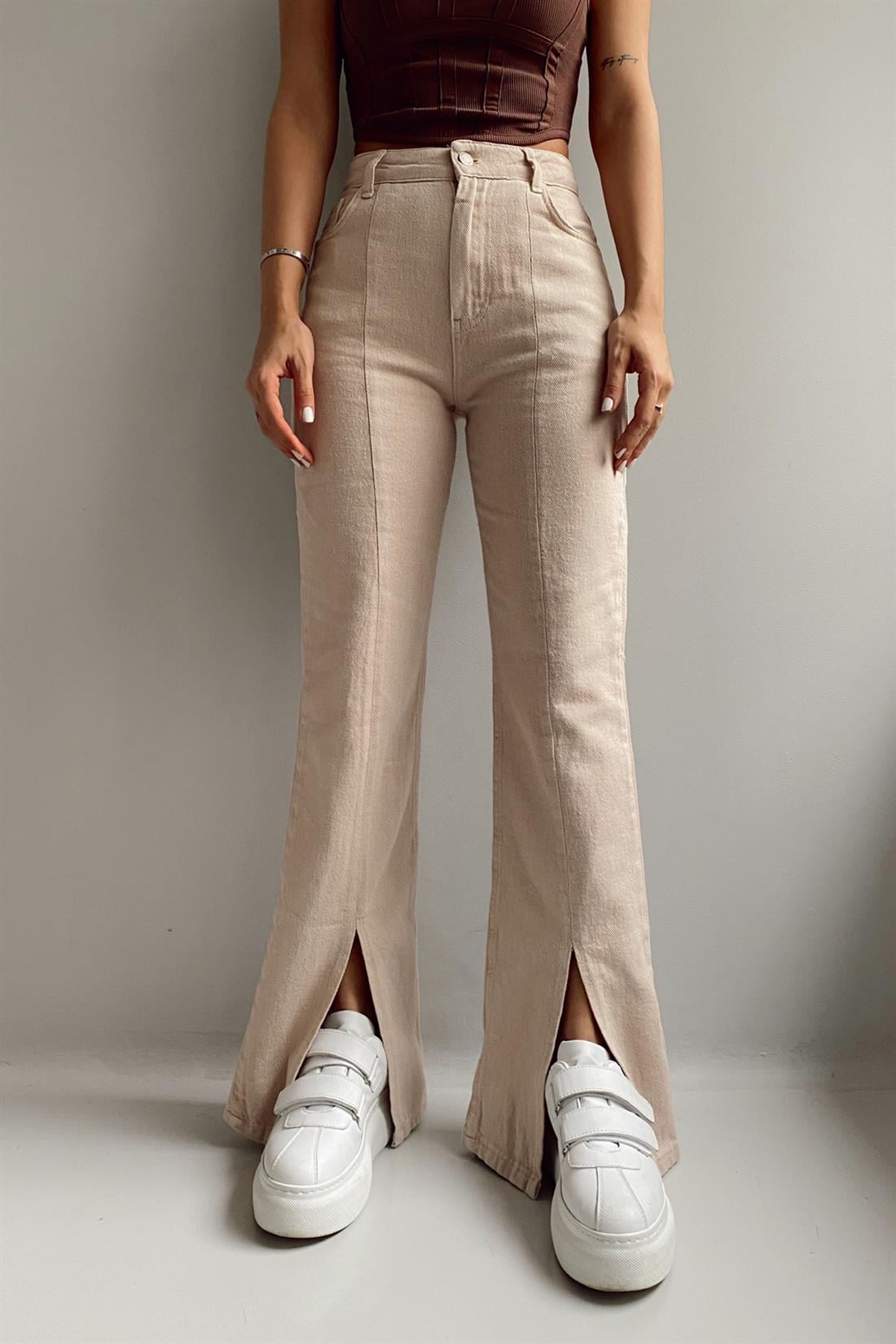 Önü Yırtmaçlı Gabardin Pantolon TAŞ
