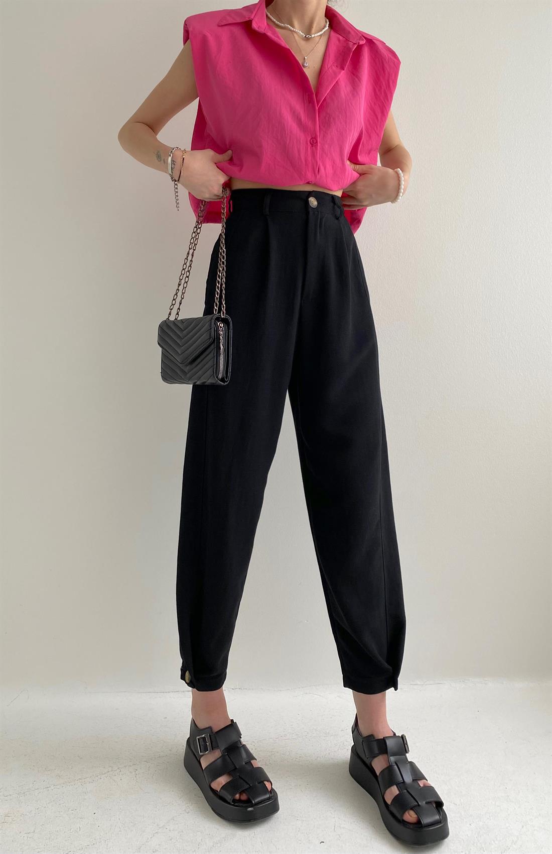 Paça Düğmeli Pantolon SİYAH