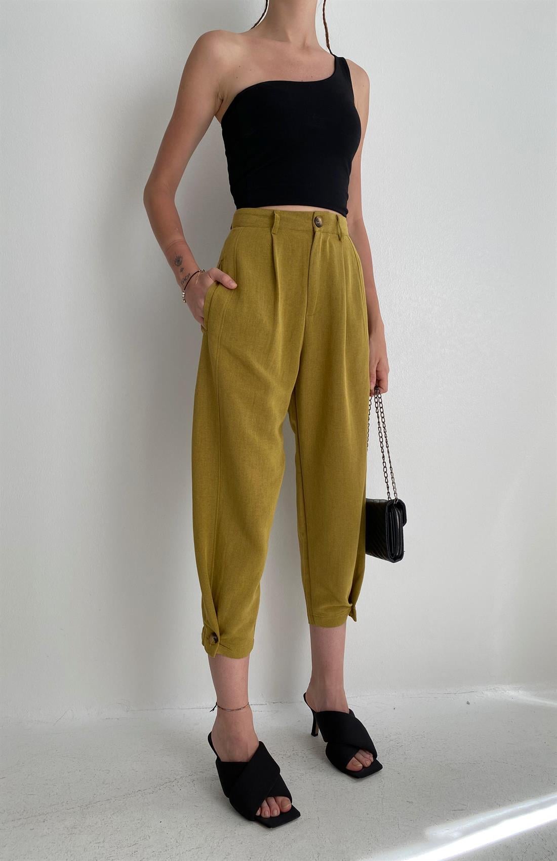 Paça Düğmeli Pantolon YAĞYEŞİLİ