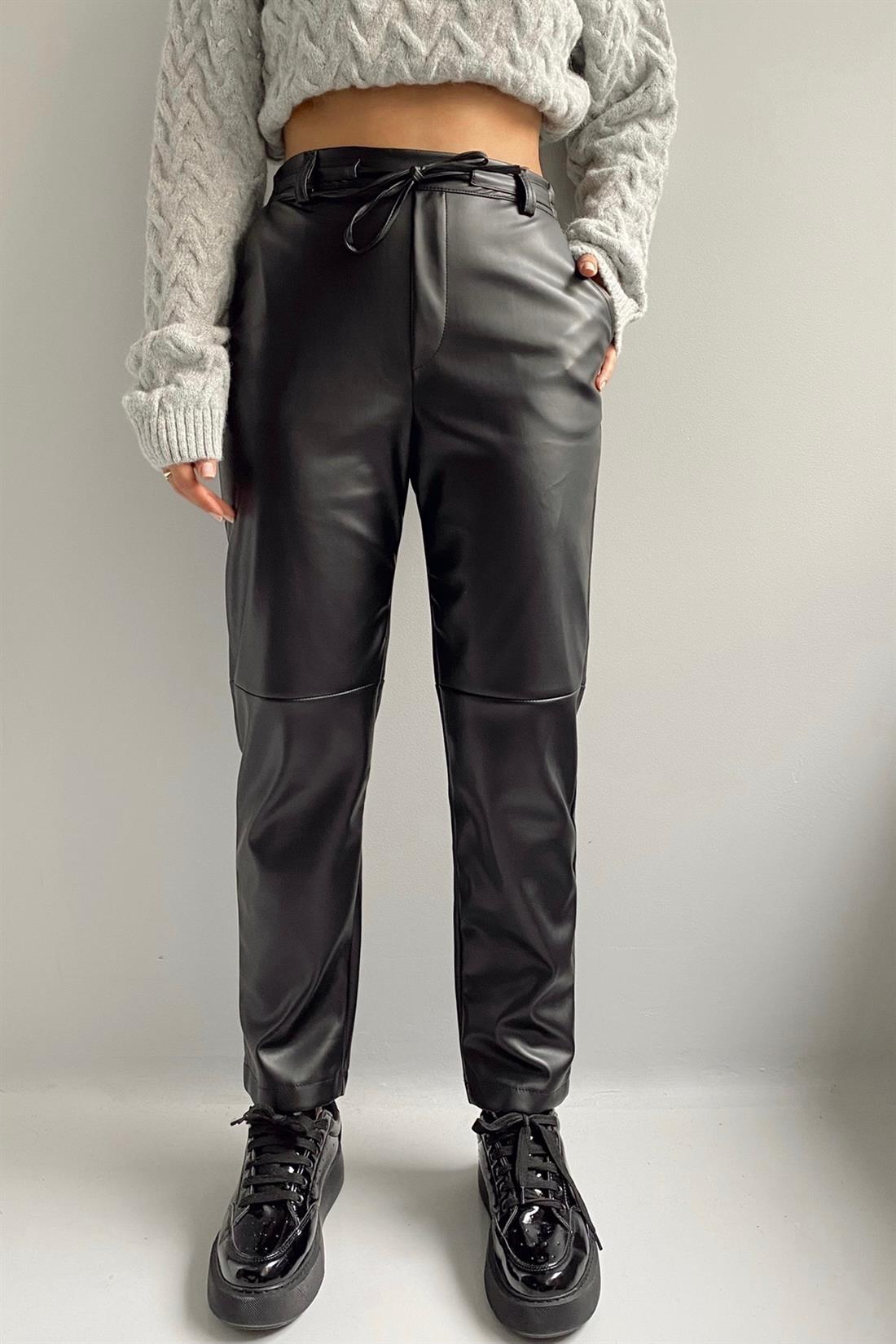 Parçalı Deri Pantolon SİYAH