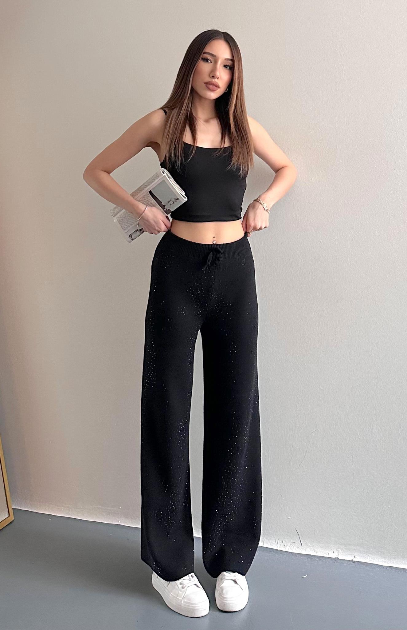 Parlak Taşlı Triko Pantolon SİYAH