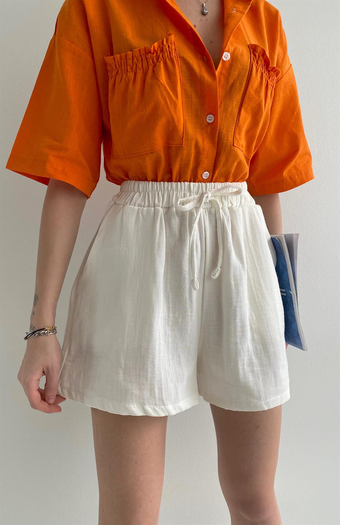 Bağçıklı Yıkamalı Şort EKRU