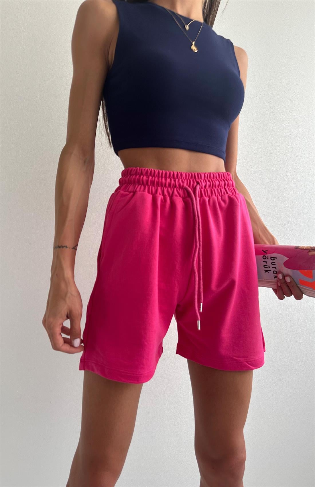 Beli Lastikli Penye Şort FUŞYA