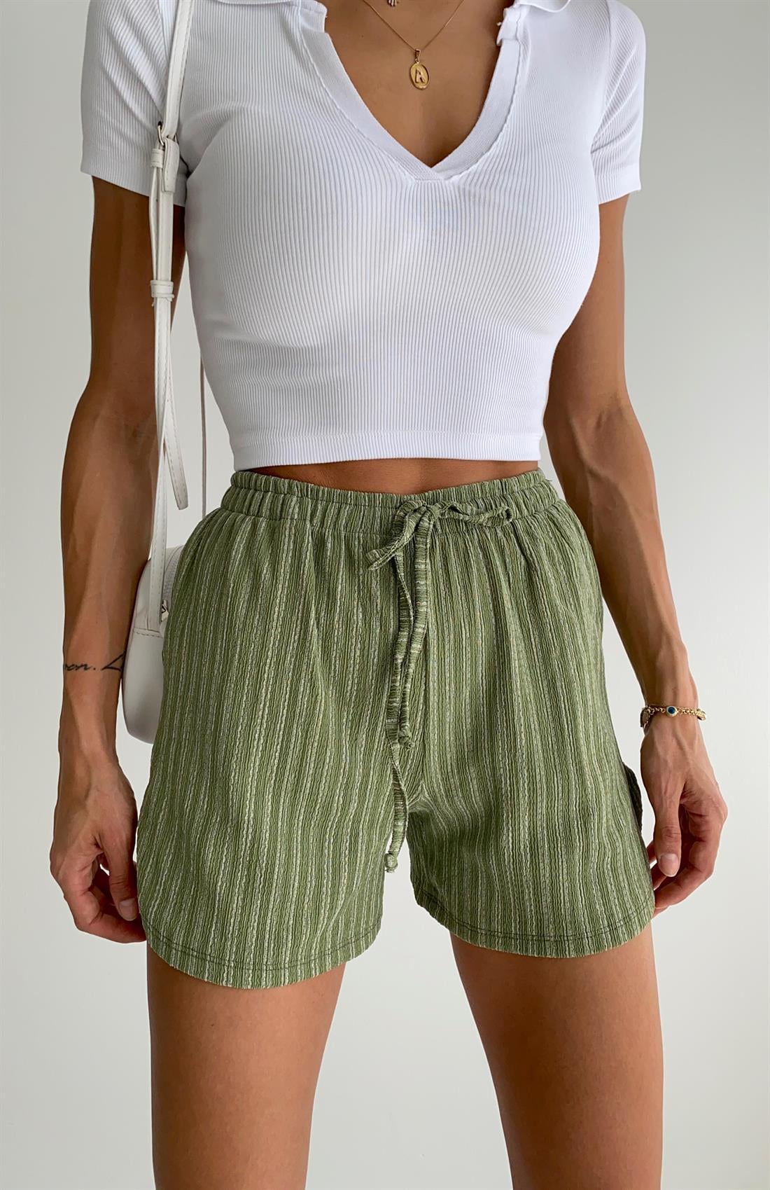 Çizgili Şort HAKİ