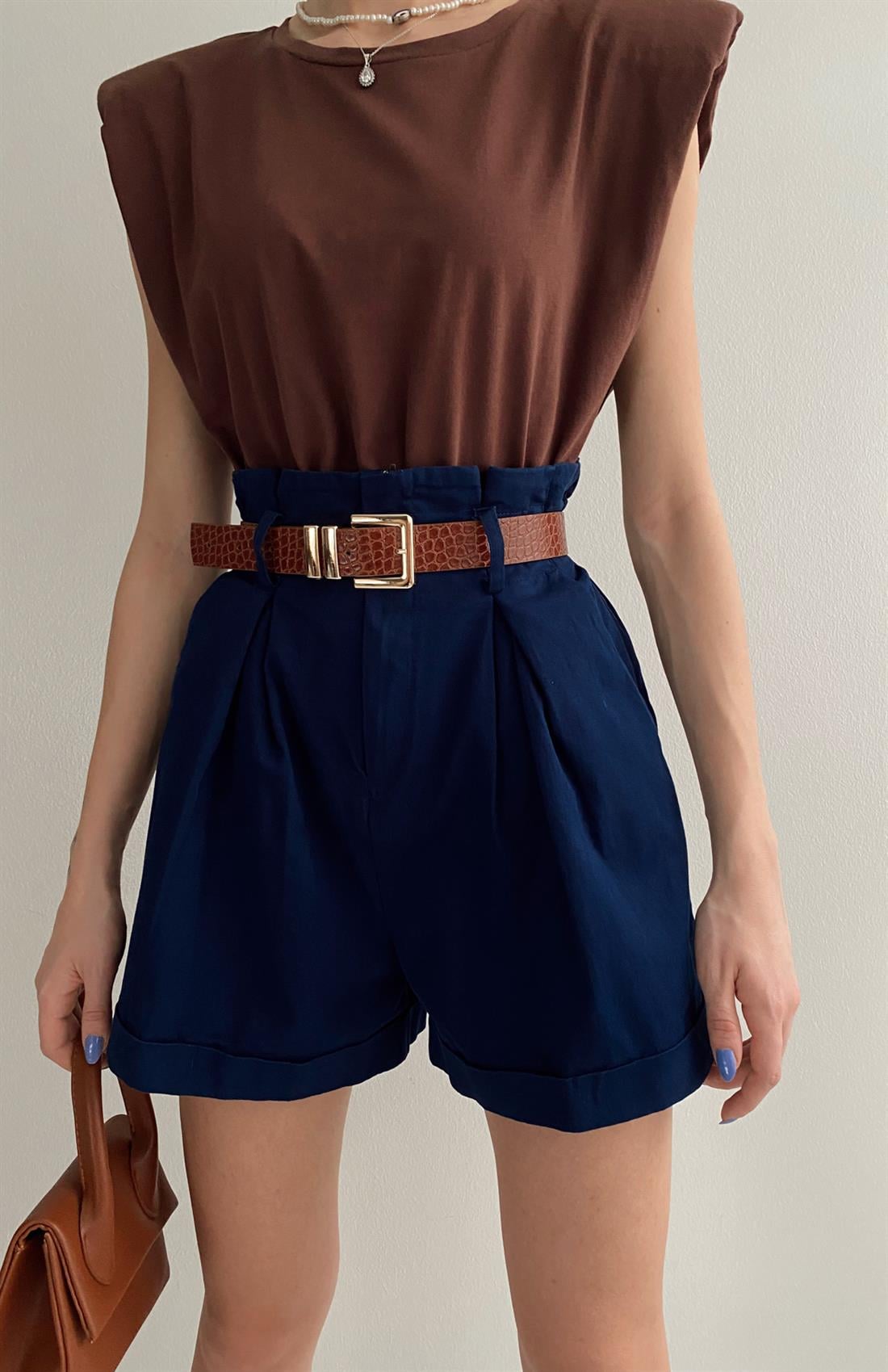 Duble Paça Kemerli Şort LACİVERT