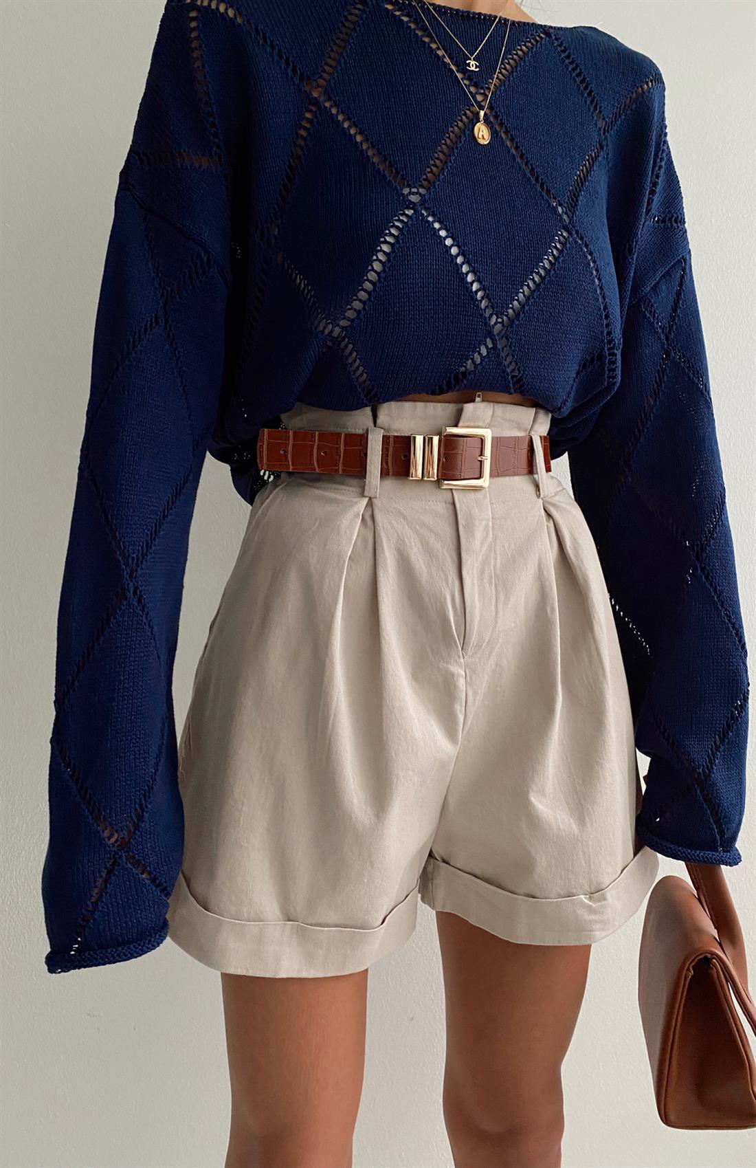 Duble Paça Kemerli Şort TAŞ