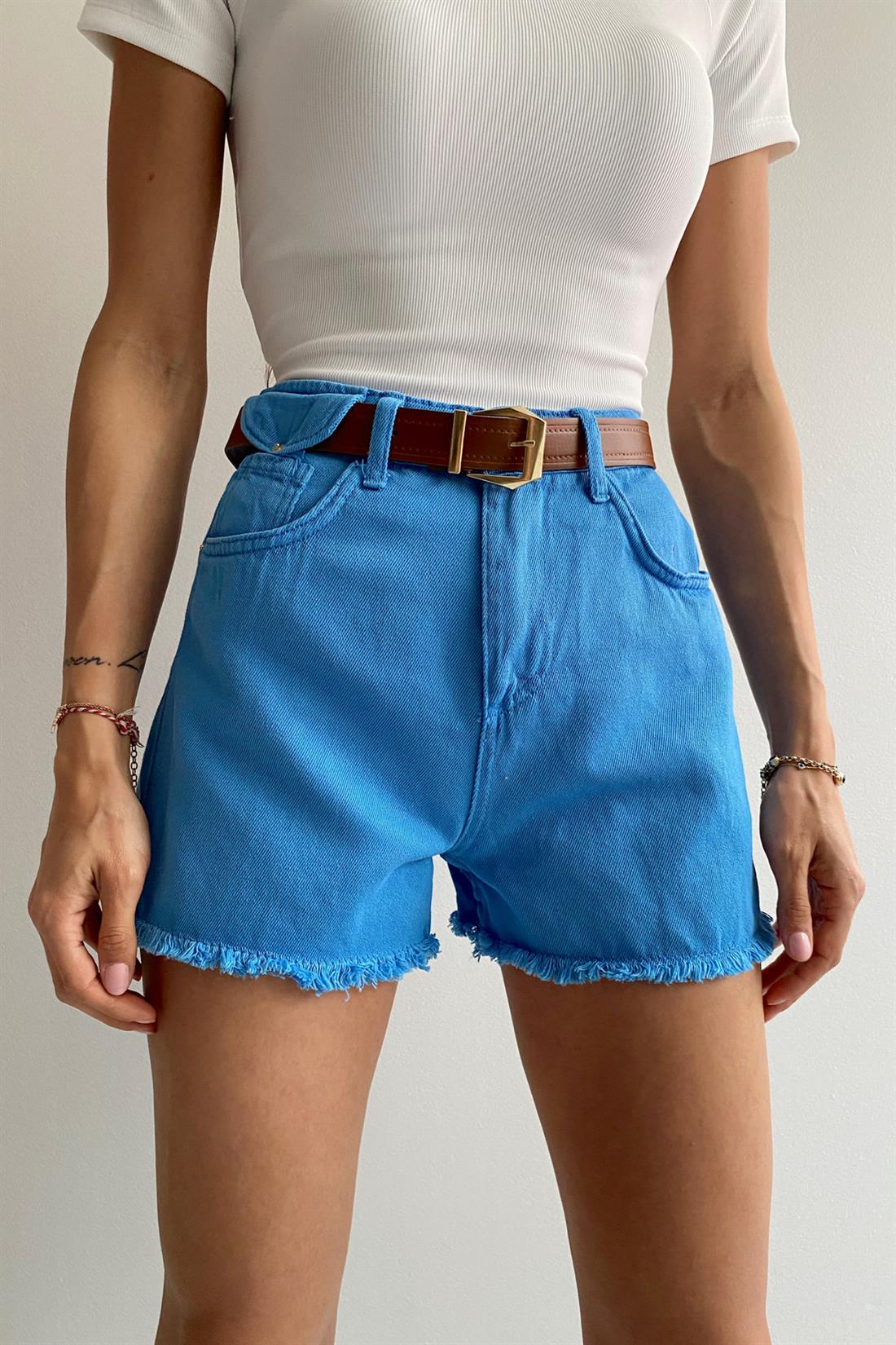 Kemerli Altı Püsküllü Şort MAVİ