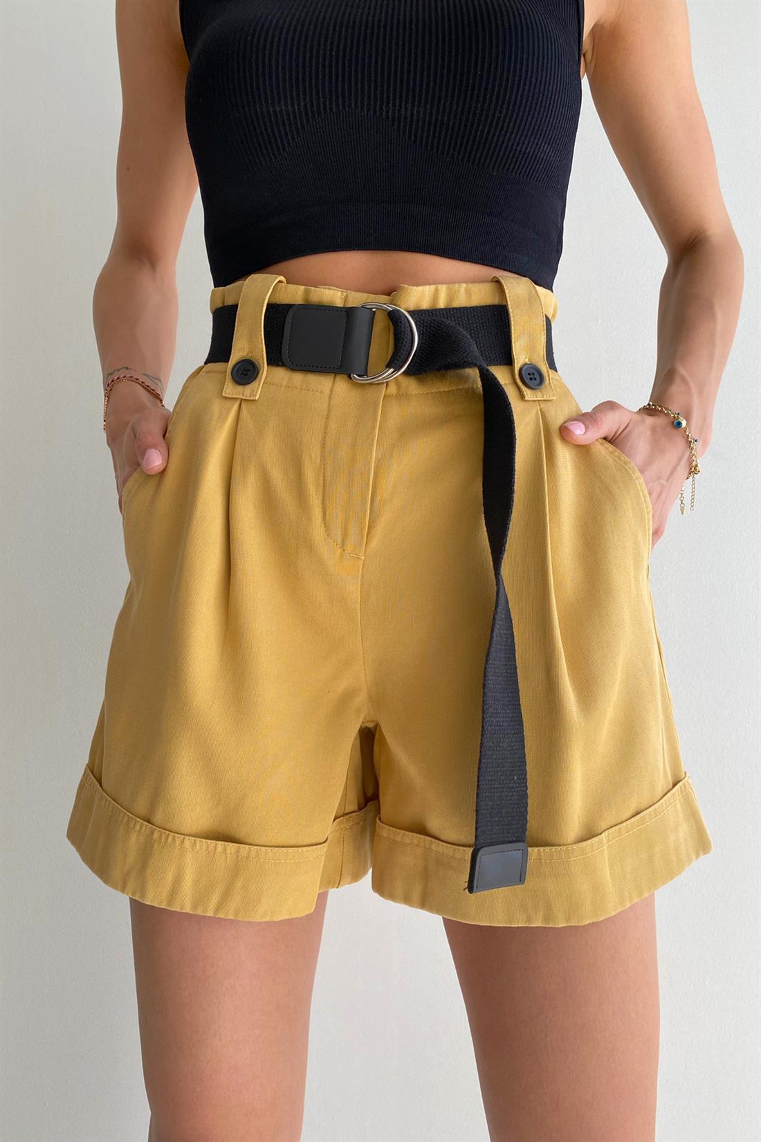 Kemerli Apaletli Şort HARDAL