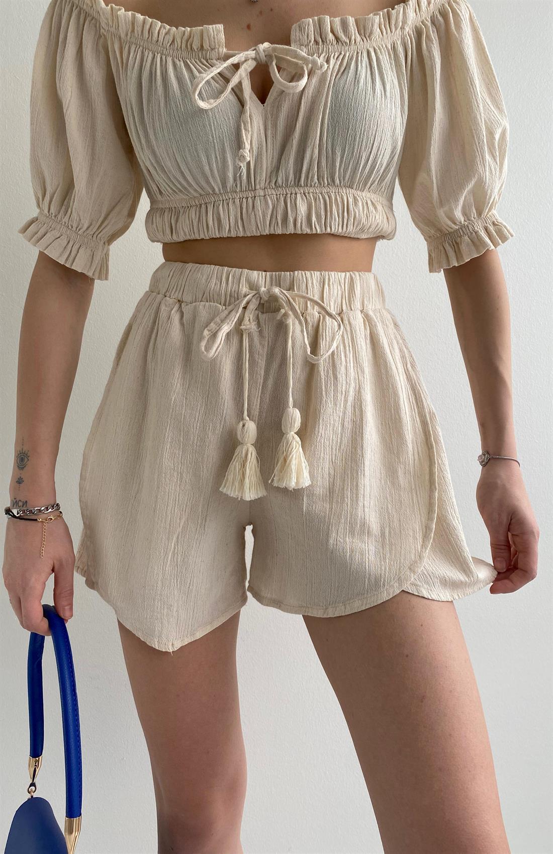 Püskül Detaylı Şalaş Şort EKRU