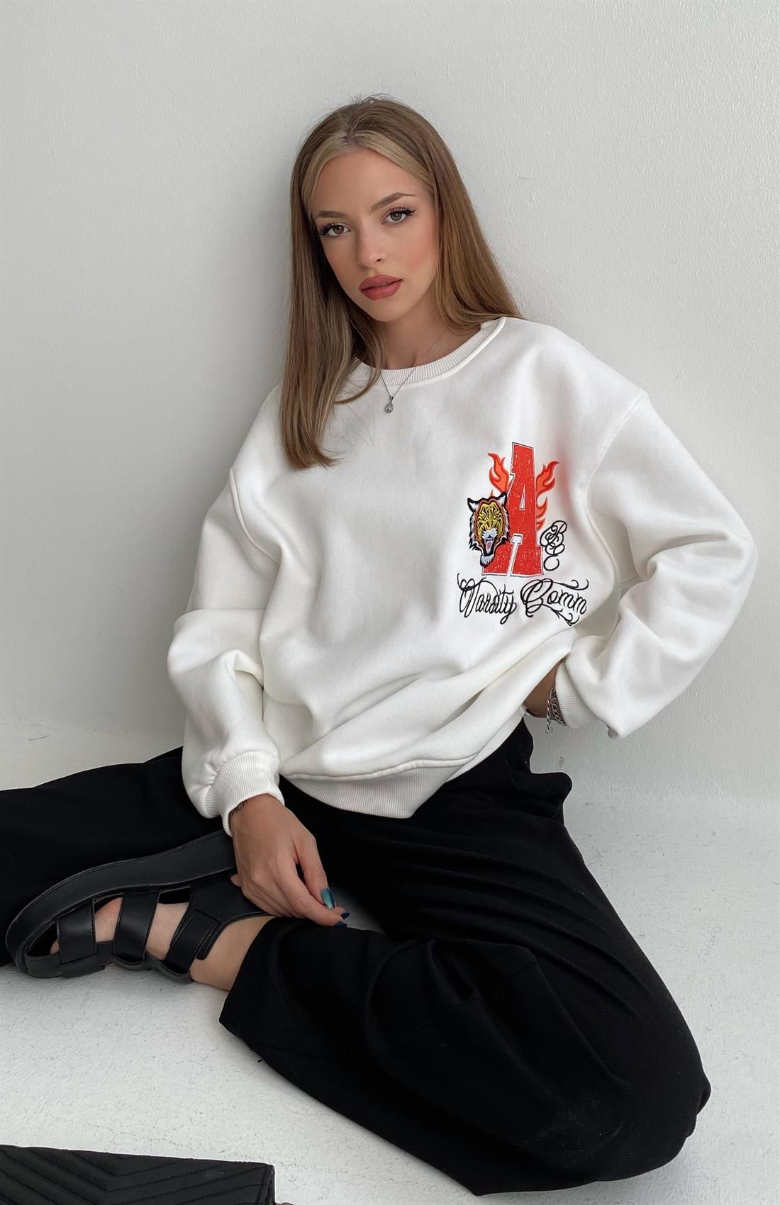 A Baskı Nakişlı Sweatshırt EKRU