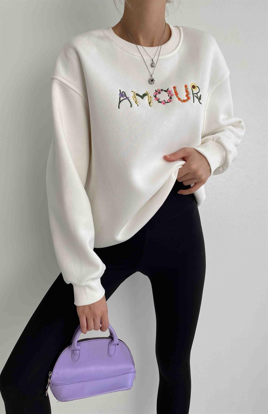 Amour Baskılı Sweatshırt EKRU