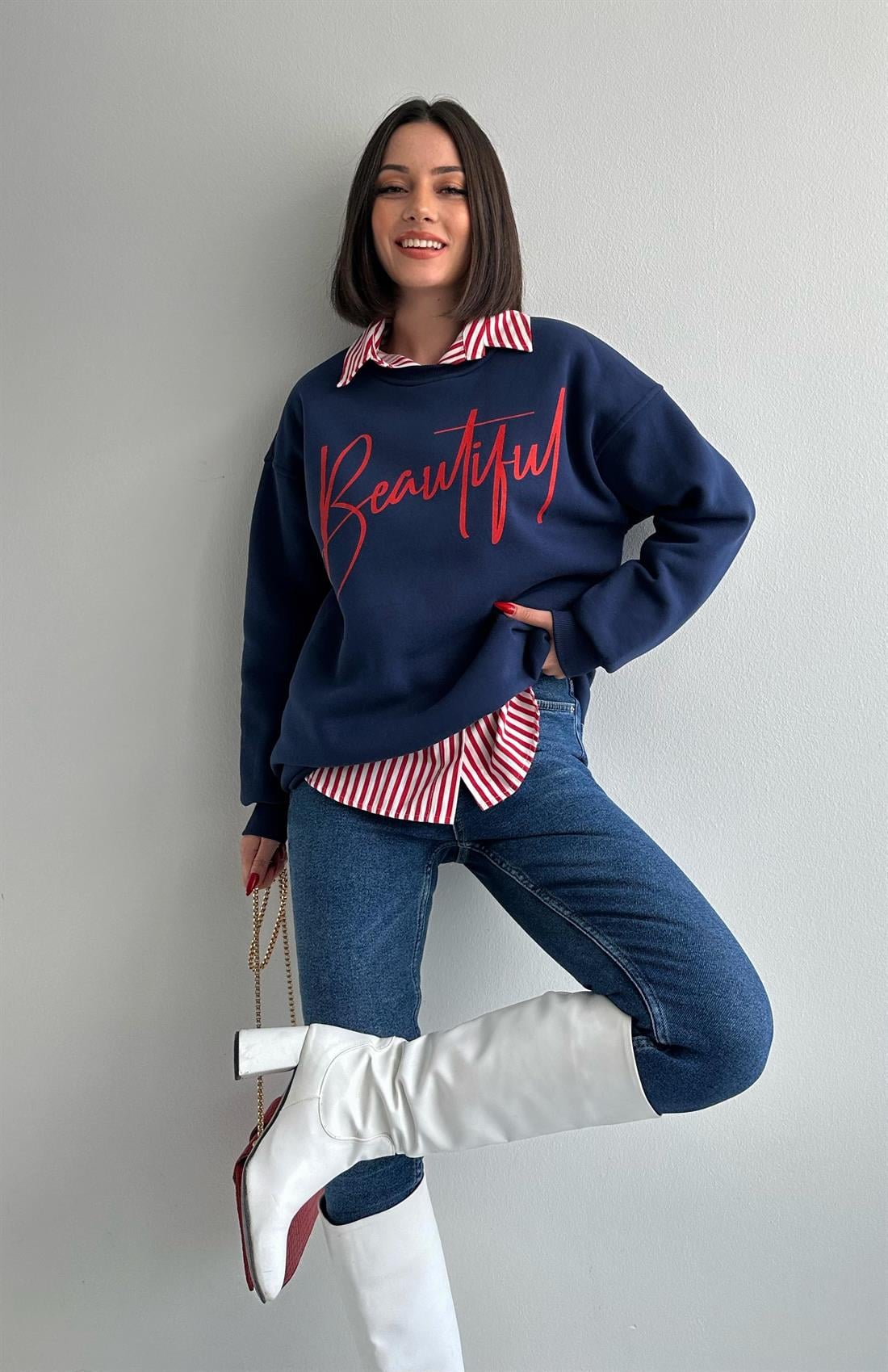 Baskılı Sweatshırt LACİVERT