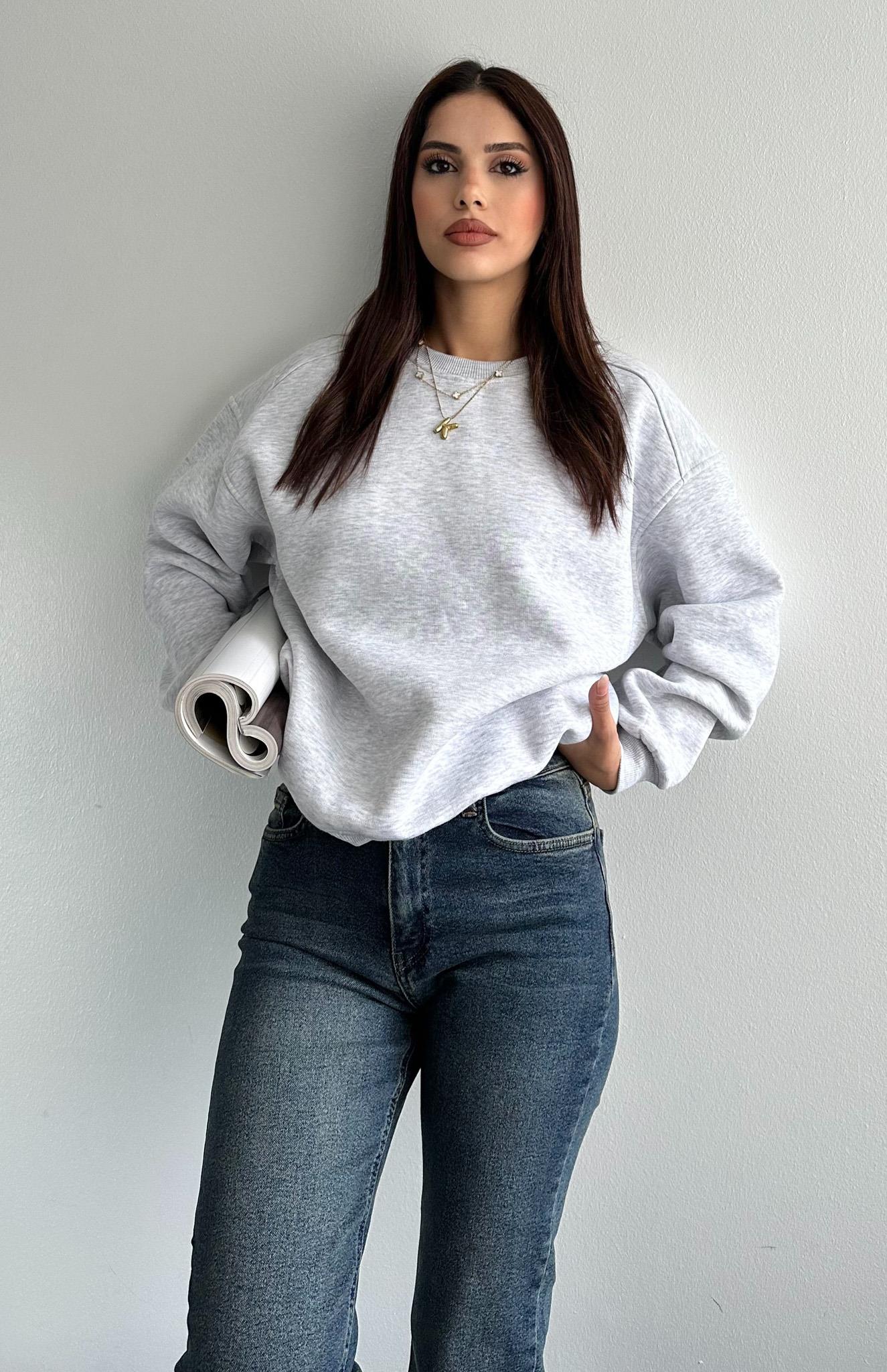 Bisiklet Yaka Kolu Rıbana Sweatshırt GRİ