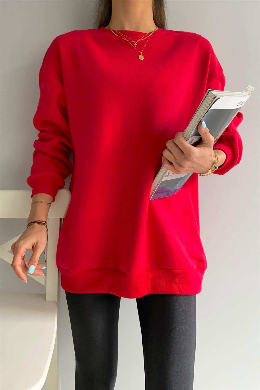 Bisiklet Yaka Sweatshırt KIRMIZI