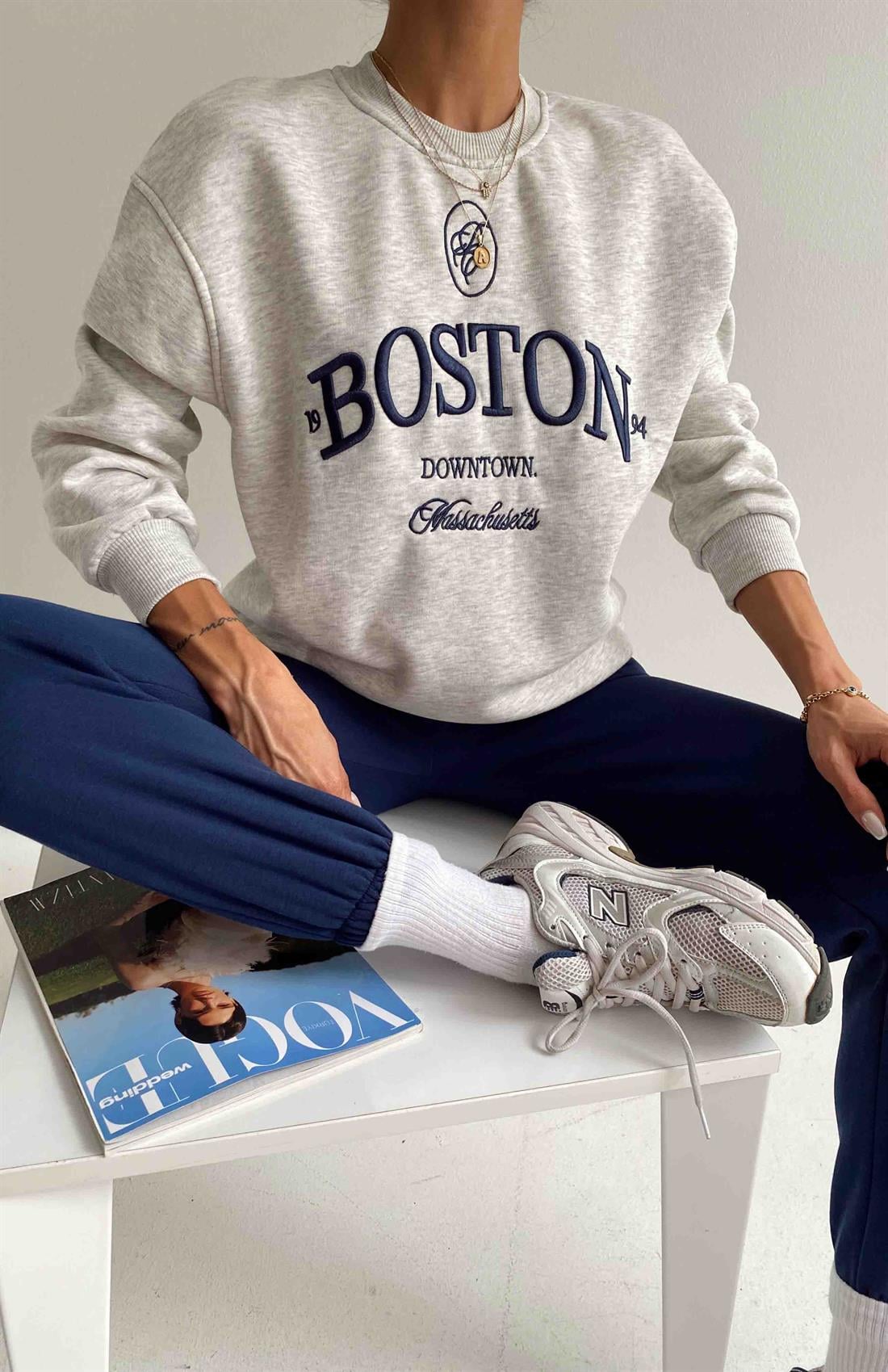 Boston Nakışlı Sweatshırt GRİ