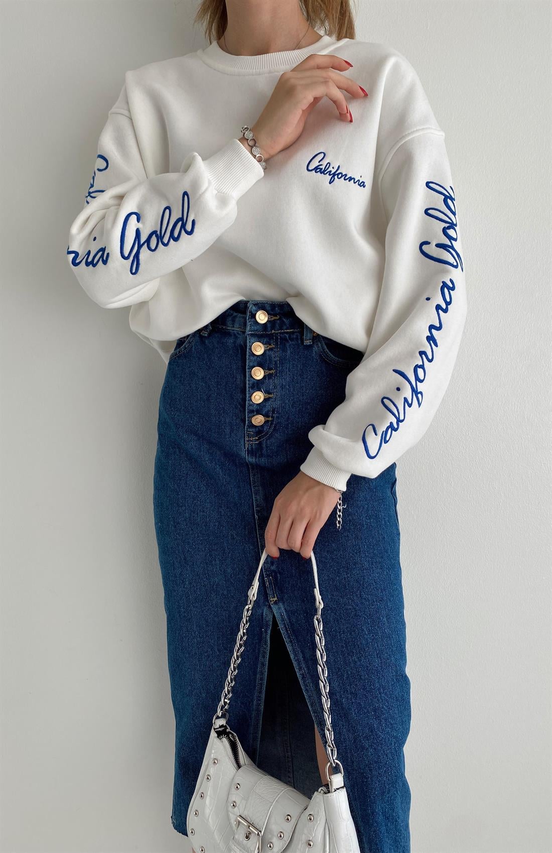 Califormia Baskılı Sweatshırt EKRU