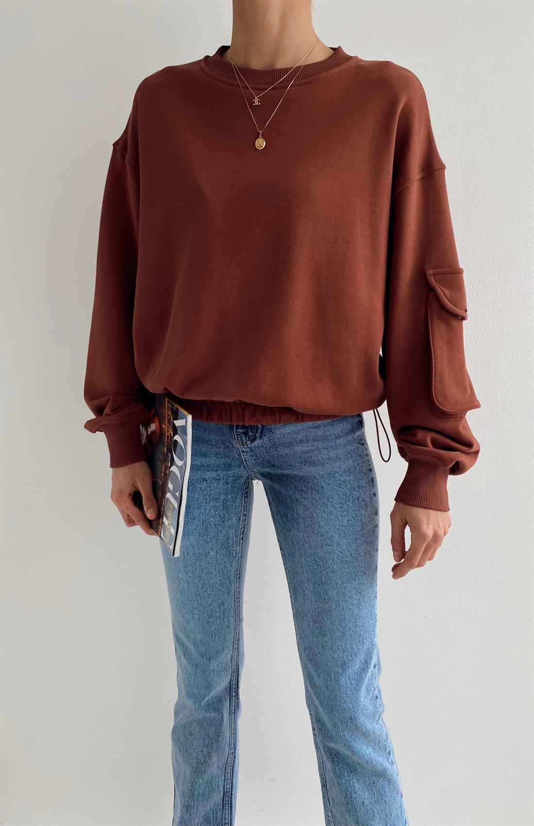 Cep Detaulı Sweatshırt KAHVERENGİ