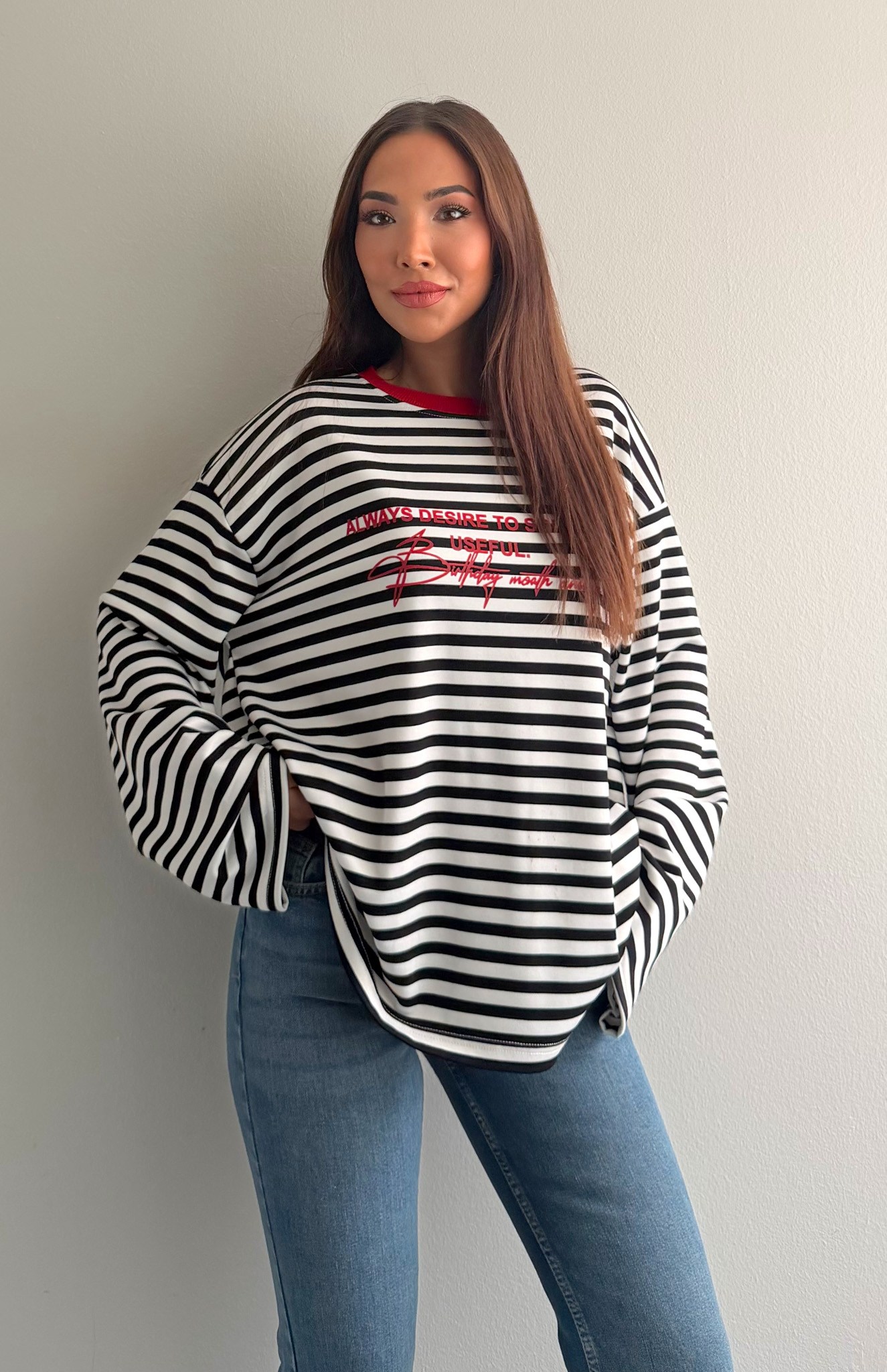 Çizgili Yazılı Sweatshırt KIRMIZI
