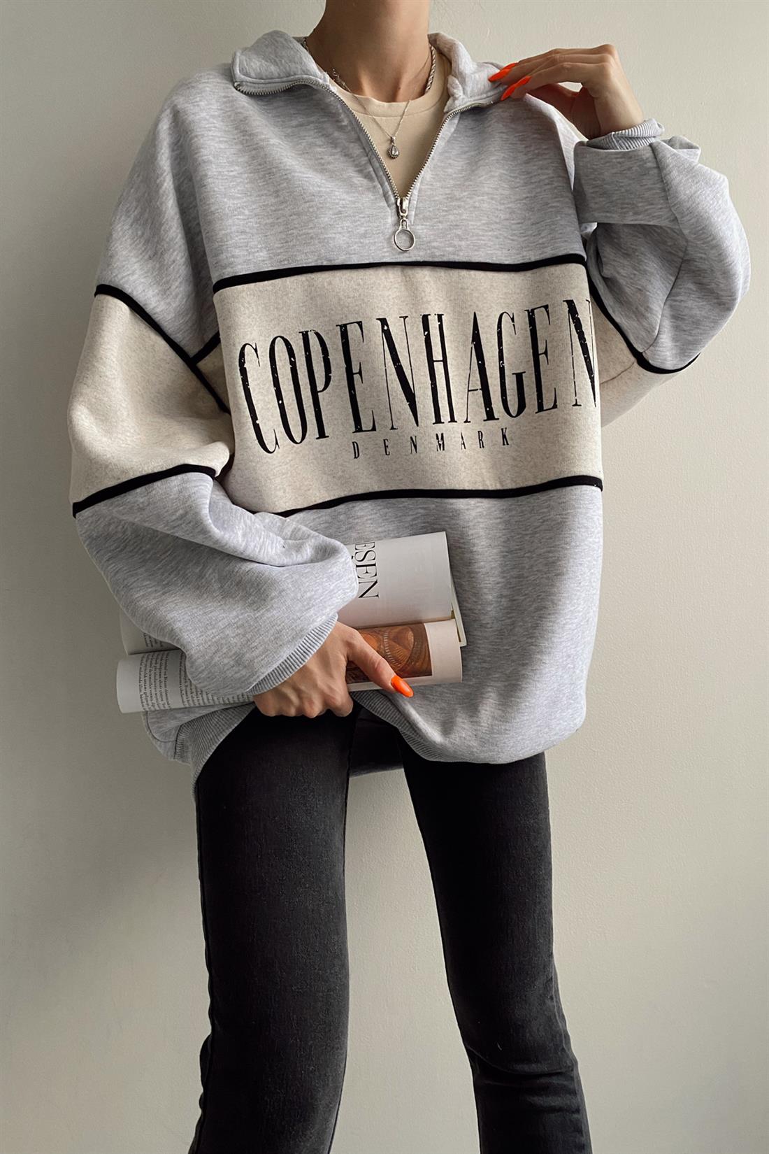 Copenhagen Baskılı Sweatshırt GRİ