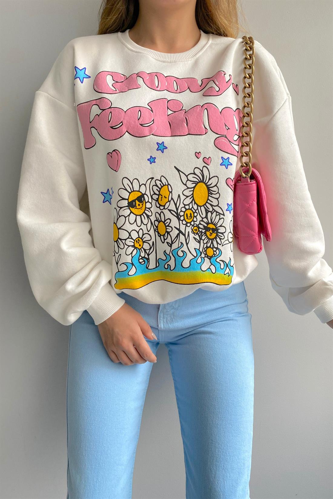 Croovy Feeling Kabartmalı Sweatshırt BEYAZ