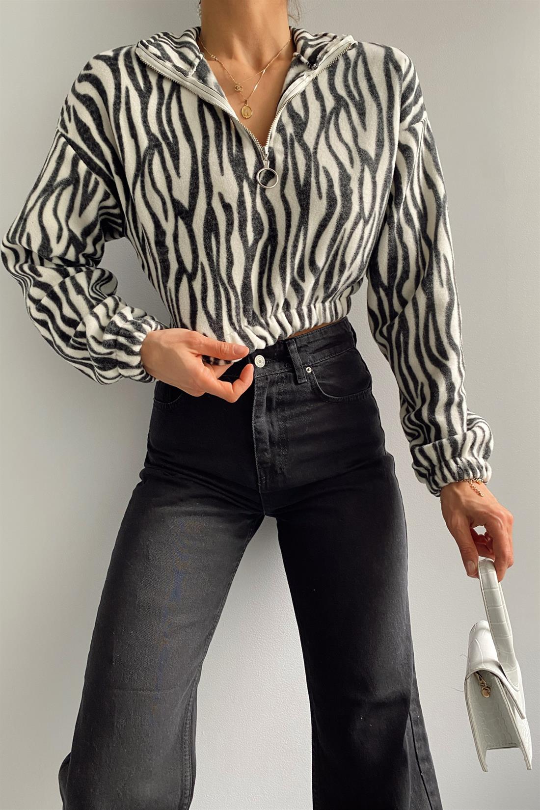 Crop Fermuarlı Polar Sweatshırt Chi SİYAH