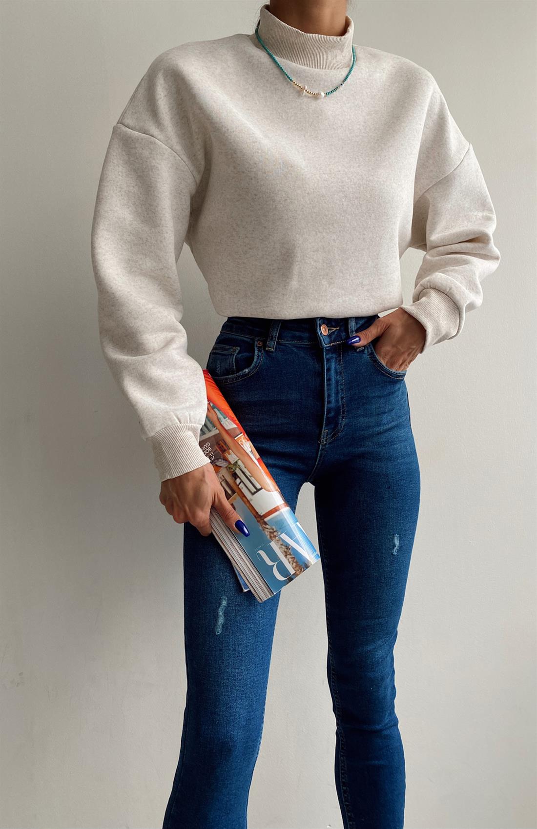 Dik Yaka Sweatshırt BEJ