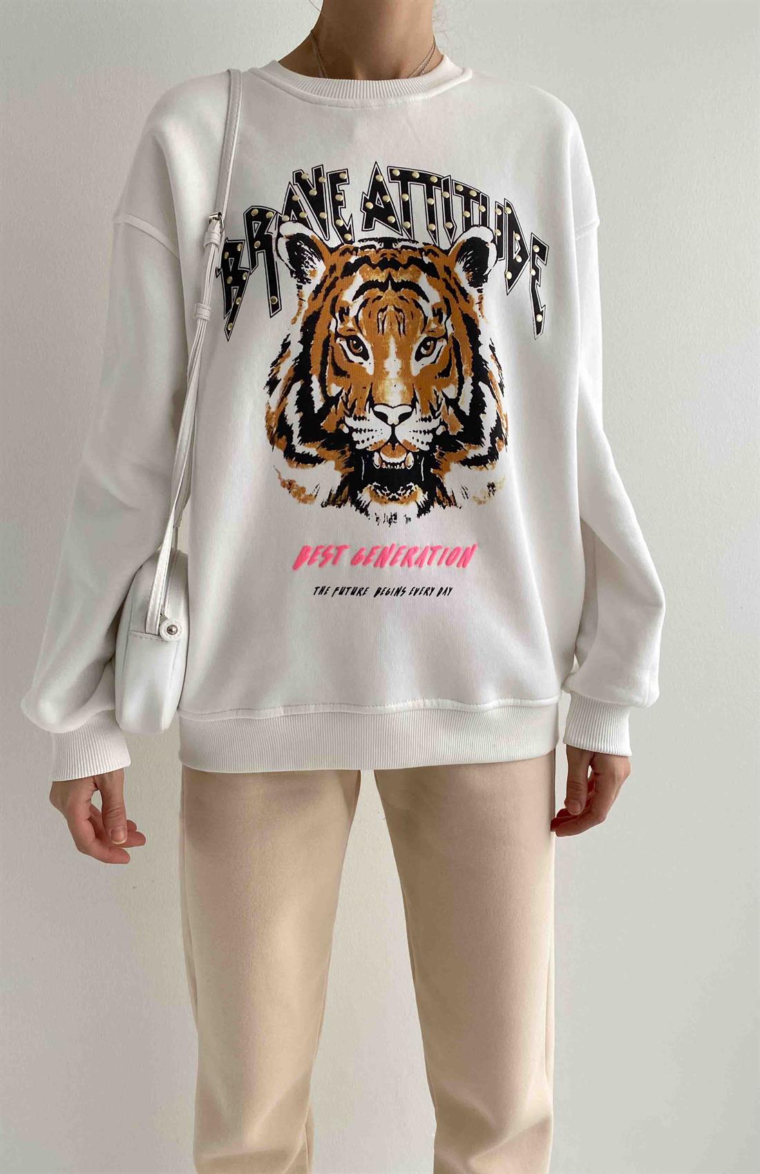 Droplu  Kaplan Baskılı Sweatshırt EKRU